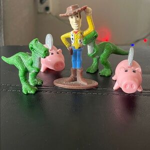 Disney Toy Story Woody, Rex, and Hamm Figurines - Green, Pink, Yellow